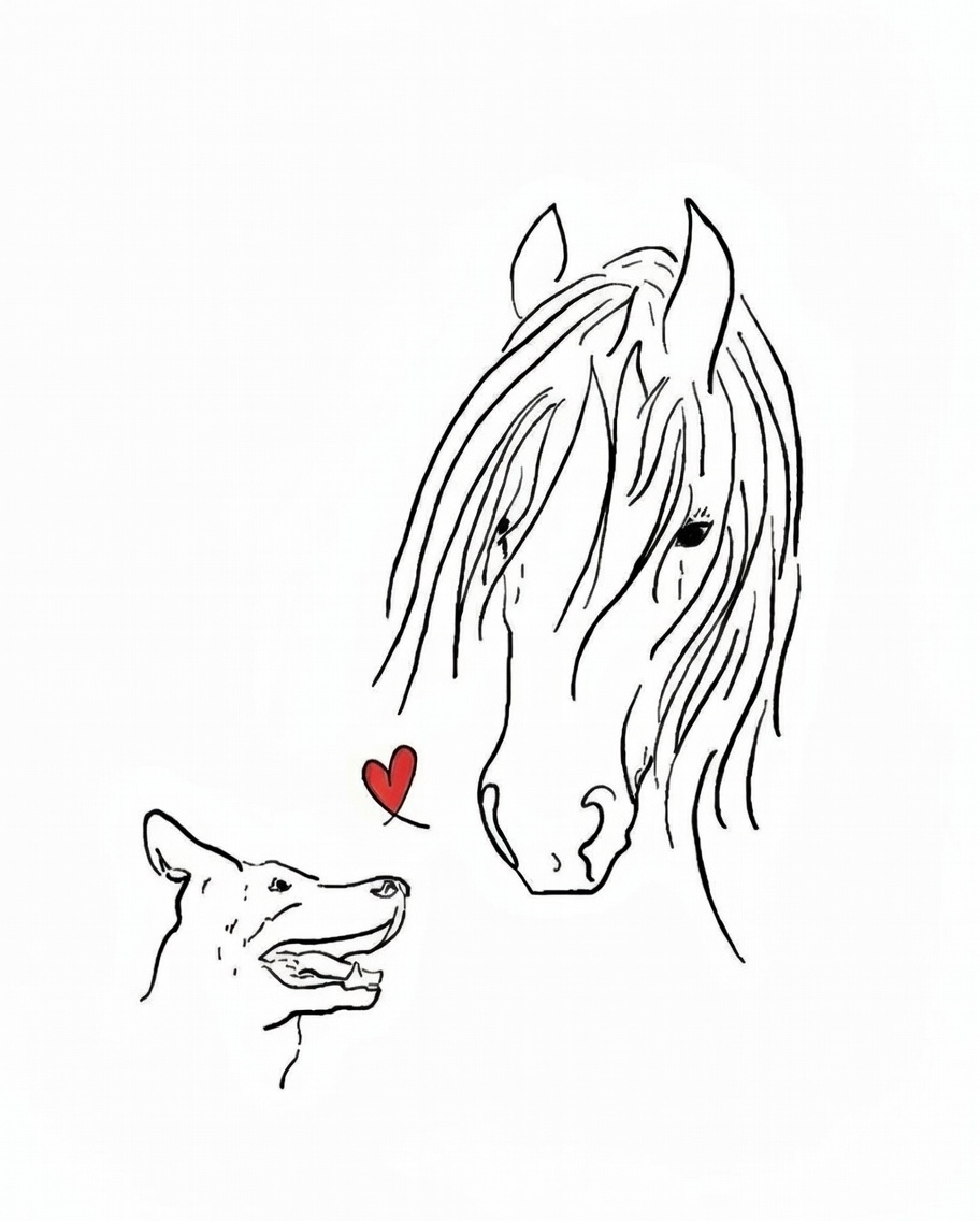 Hand-drawn sketch of a dog and horse